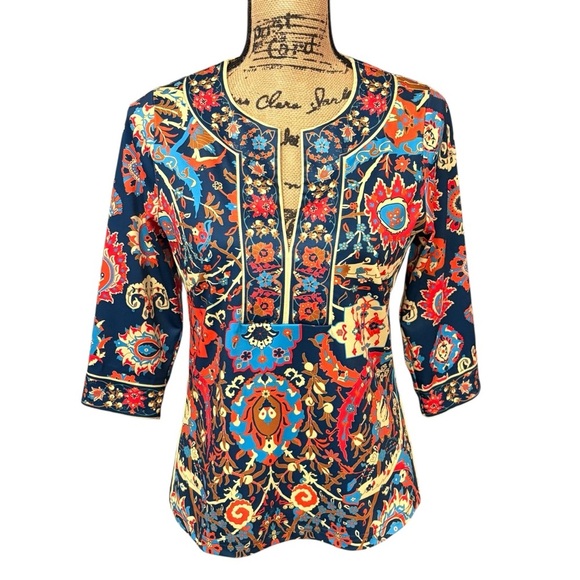 Gretchen Scott Split Neck Tunic Top Magic Carpet Floral Jersey Size Medium - Picture 7 of 7